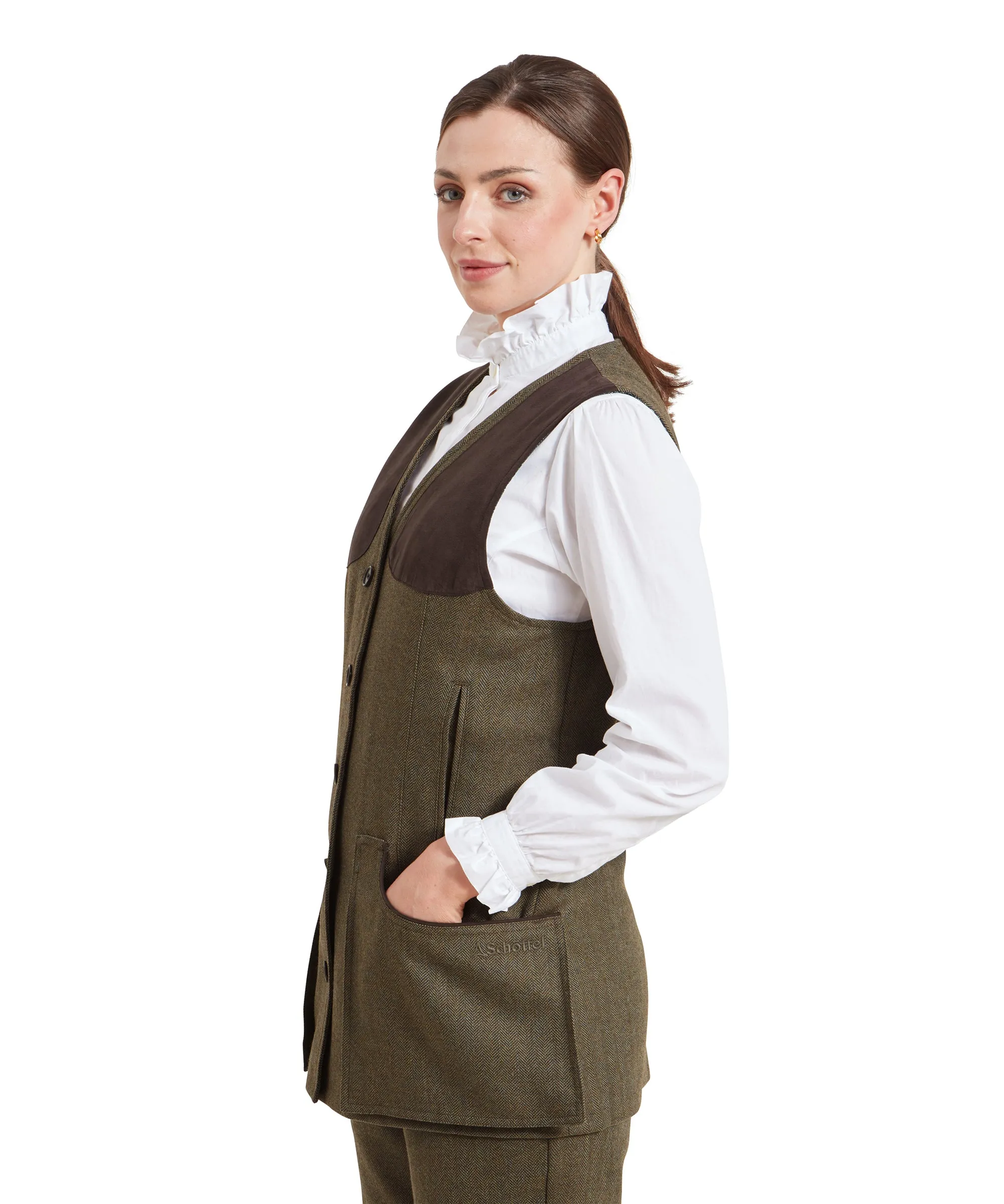 Women's Tweed Shooting Vest - Loden Green Herringbone Tweed