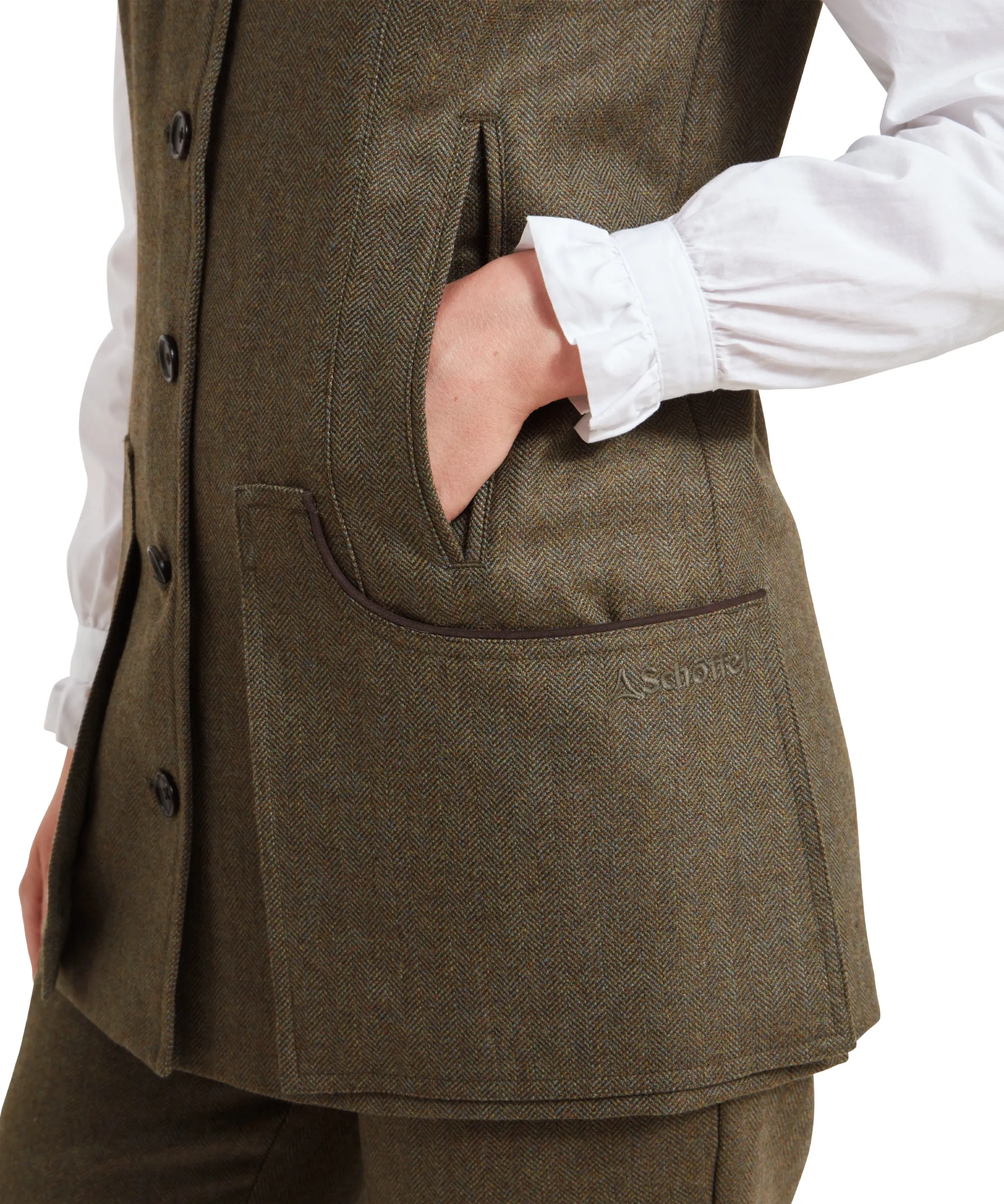 Women's Tweed Shooting Vest - Loden Green Herringbone Tweed